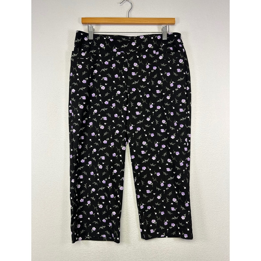 Grandma Core Briggs Women 12P Black Purple Floral Straight Leg Petite Pants